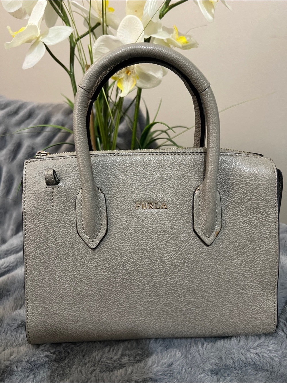 Furla Pin S Light Gray Leather Top-Handle Satchel retail $385 NWOT